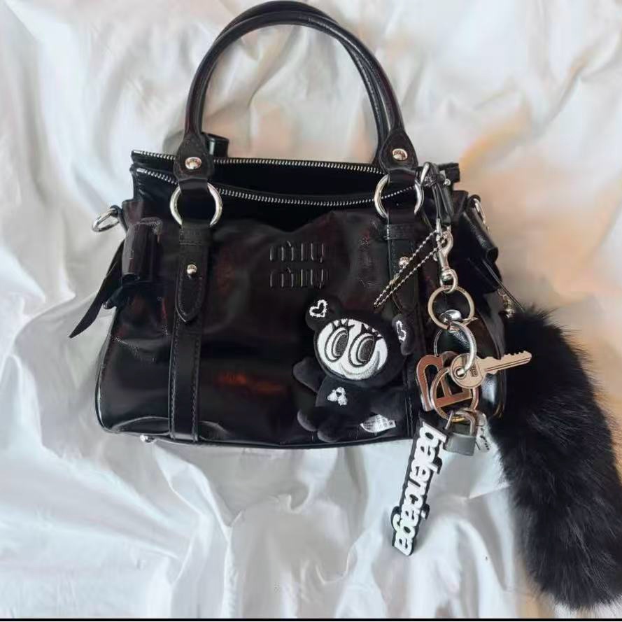 Miumiu Black Women's Leather Satchel Handbag With Keychain Charm